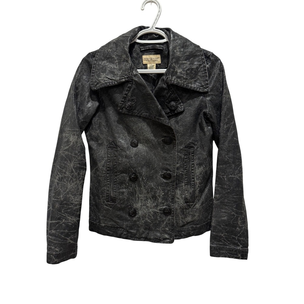 Denim & Supply Ralph Lauren Black Waxed Distressed Double Breasted Jacket Size S